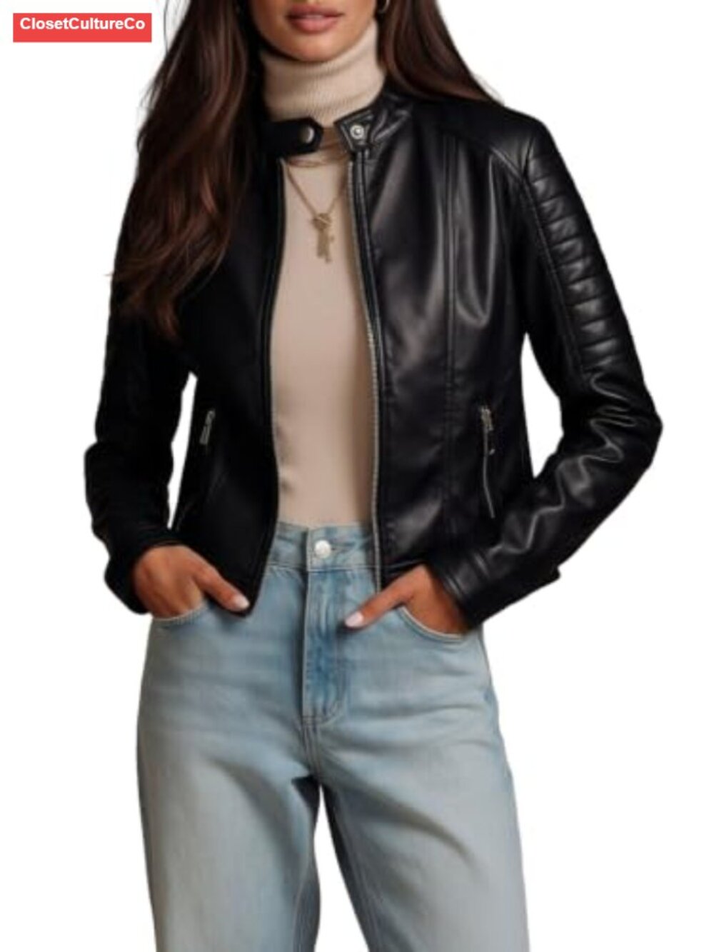 Faux Leather Motorcycle Jacket Stand Collar Zip Moto Women's